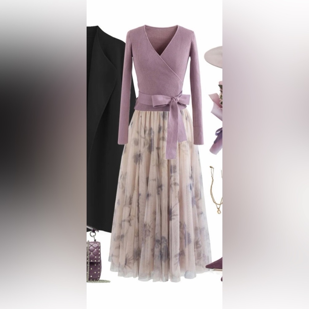 Chicwish Lilac Wrap Sweater & Floral Inky Tulle Midi Skirt Set Size M/L - Picture 9 of 16